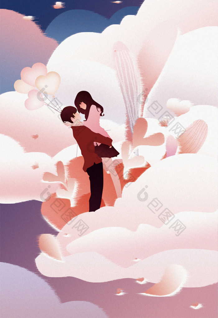 粉色清新情侣在七夕的云朵上相会扁平插画