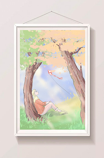 童话少女大树森林放风筝风和日丽插画图片