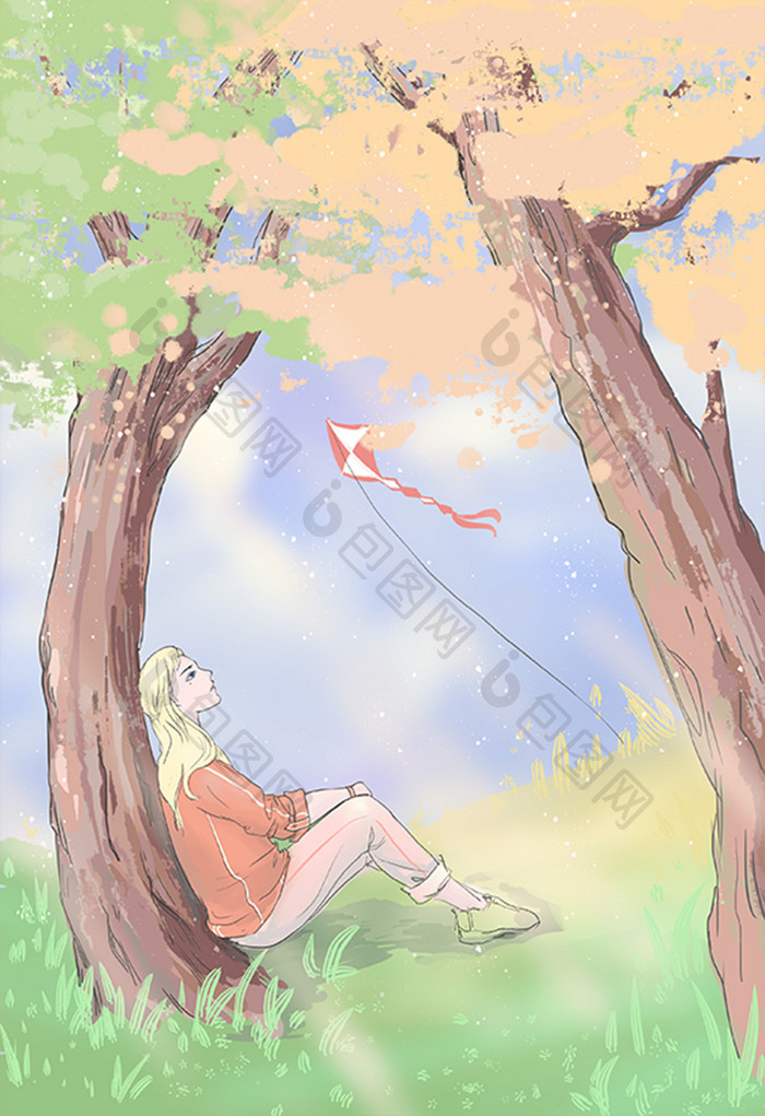 童话少女大树森林放风筝风和日丽插画