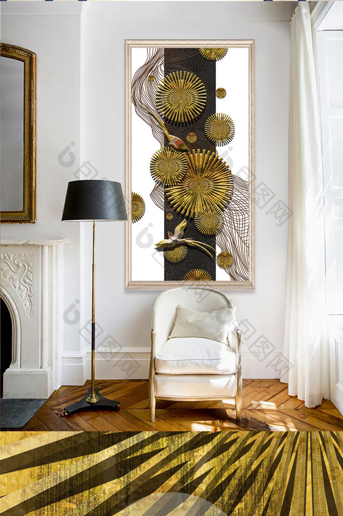 立体新中式金色线条罗盘创意玄关装饰画