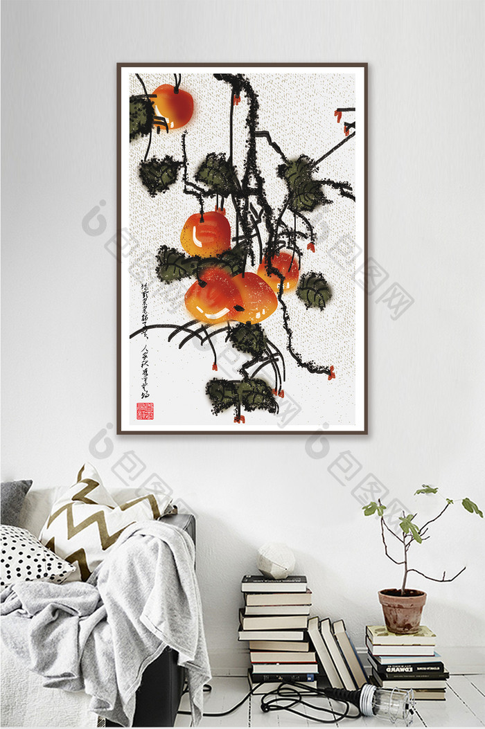 手绘中国风水墨淡彩植物书房客厅创意装饰画