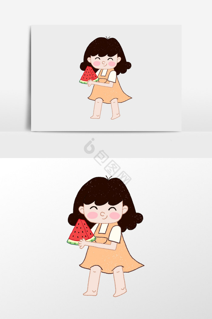 吃西瓜的小女孩插画图片