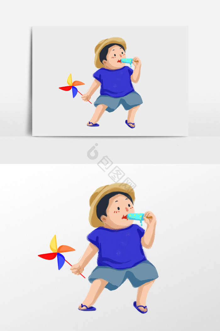 吃冰棍的男孩插画图片