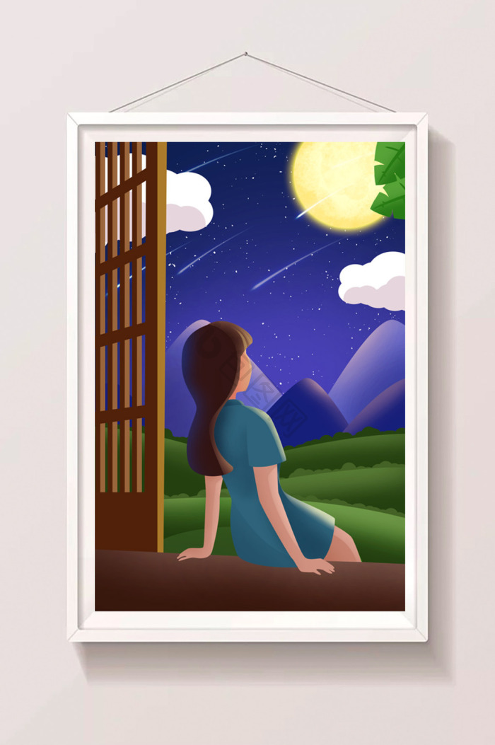中秋佳节独居老人思念亲人插画中秋节赏月放灯思念亲人插画中秋节思念