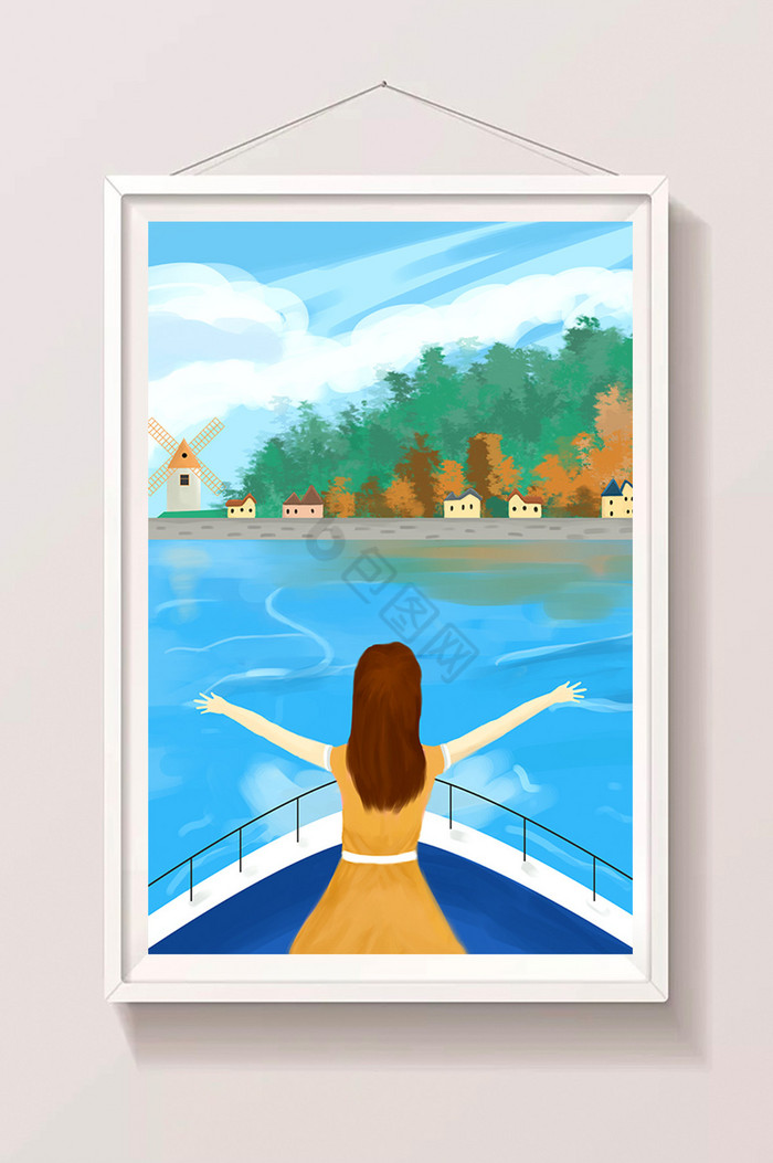 秋季景游轮旅行插画图片