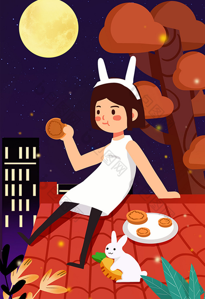 卡通中秋节童话风格月亮屋顶女孩吃月饼插画