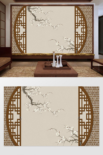 新中式古风隔断花枝背景墙定制图片
