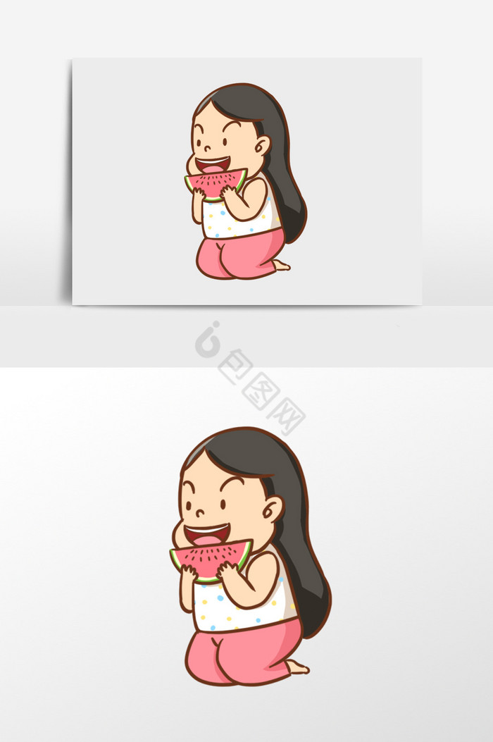吃西瓜的女孩插画图片