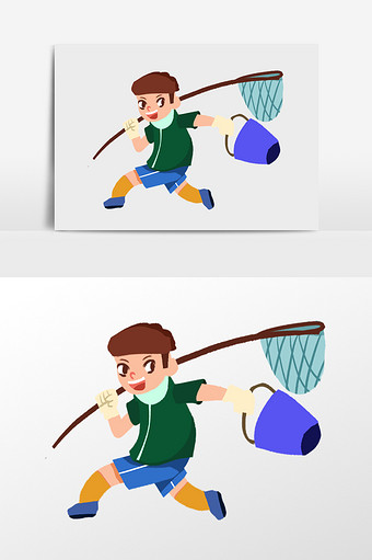 捕鱼游玩的男孩插画元素图片