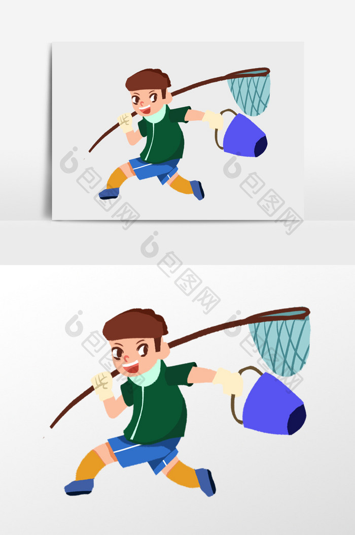 捕鱼游玩的男孩插画元素