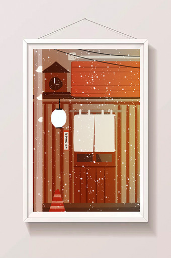 下雪场景的日本屋插画图片