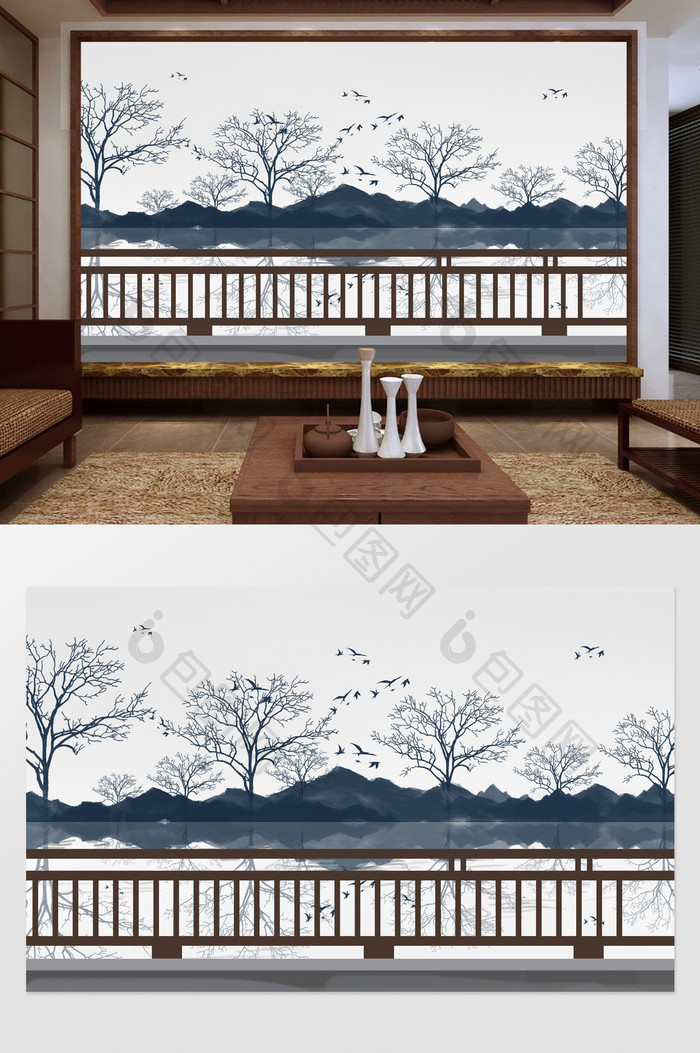 新中式抽象山水电视背景墙定制