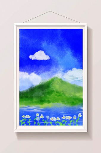 手绘水彩晴天蓝天白云鲜花花卉青山绿水背景图片
