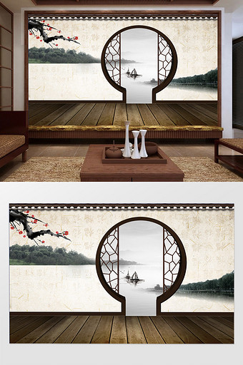 新中式拱门梅花山水屏风背景墙装饰定制图片