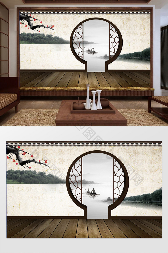 新中式拱门梅花山水屏风背景墙装饰定制