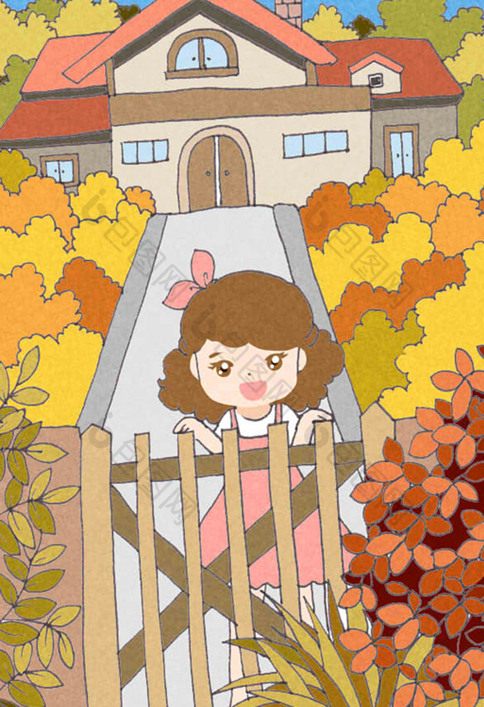 四季秋季小女孩院子玩耍插画