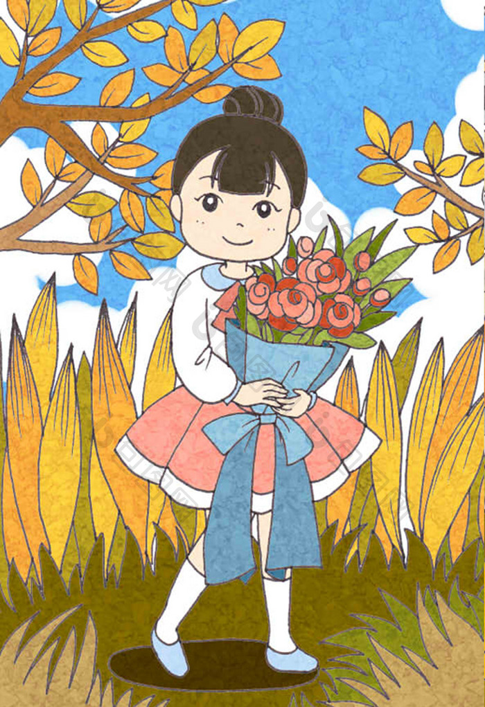 四季秋天女孩鲜花插画