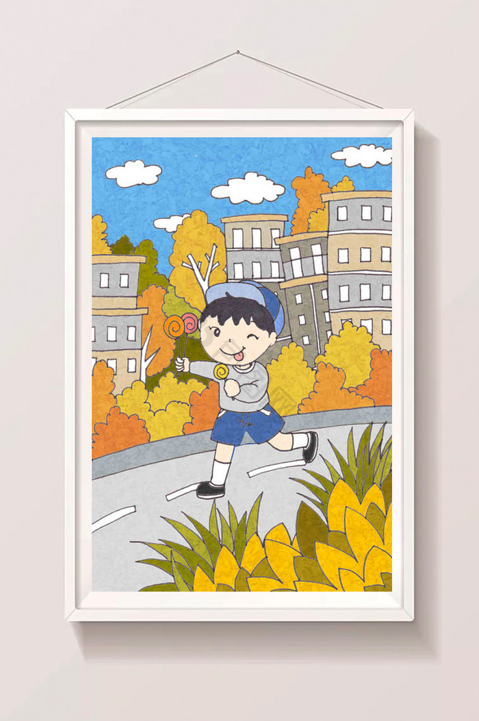 季节秋季小男孩插画图片