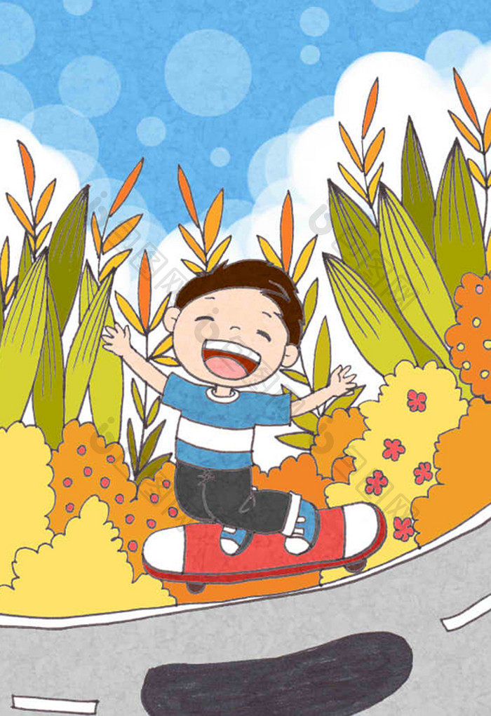 秋季户外男生滑滑板插画