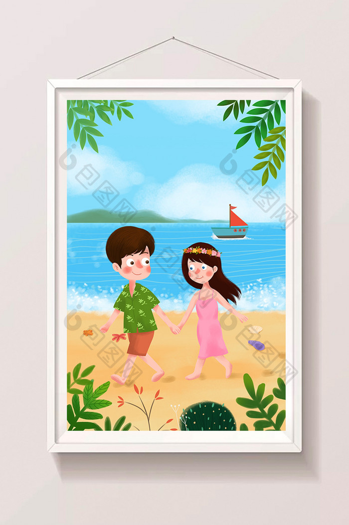 浪漫温馨唯美情侣沙滩散步卡通插画