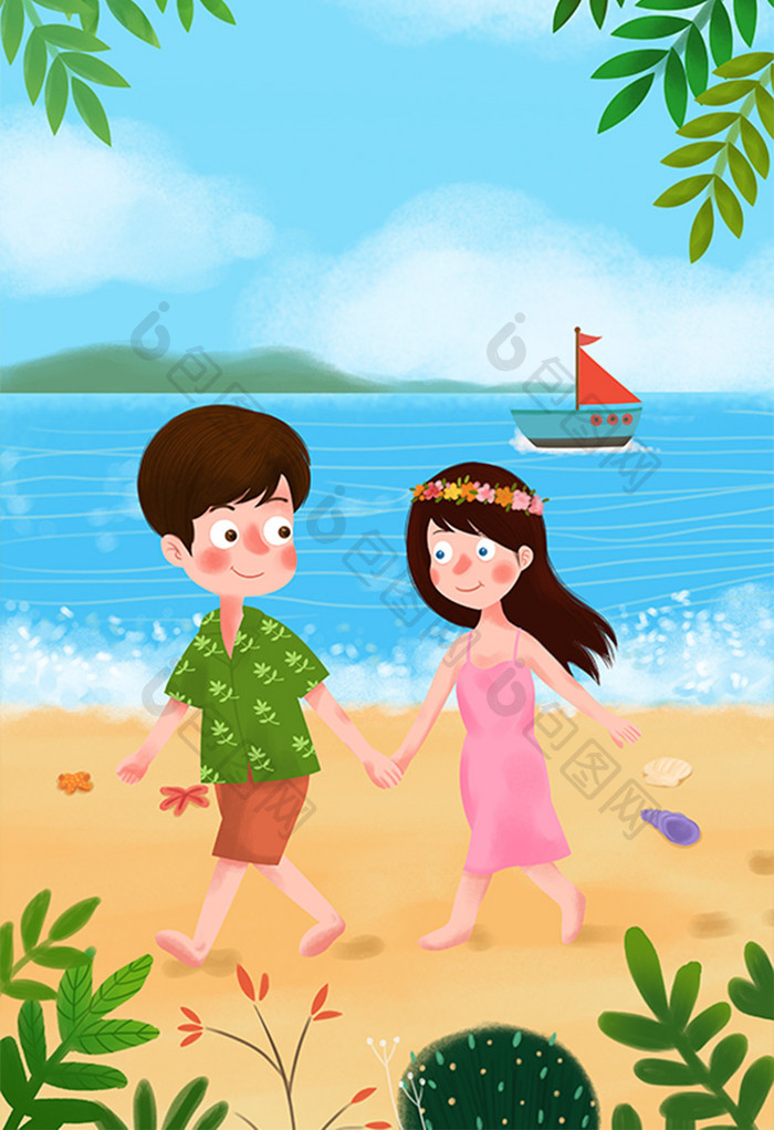 浪漫温馨唯美情侣沙滩散步卡通插画