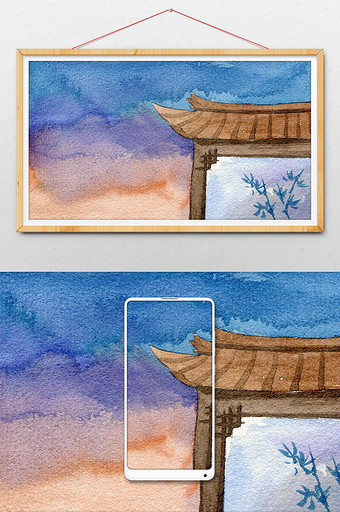 清新城门水彩海边背景风景手绘夏日背景图片