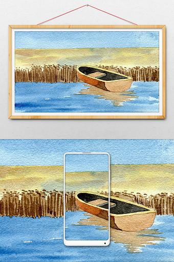小船水彩海边背景风景手绘夏日背景图片