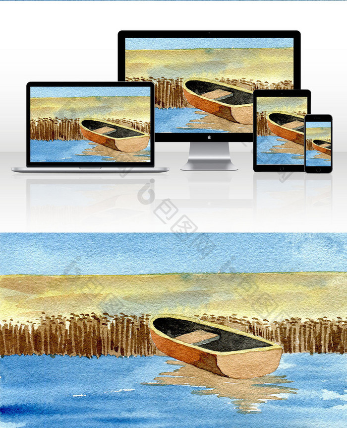 小船水彩海边背景风景手绘夏日背景