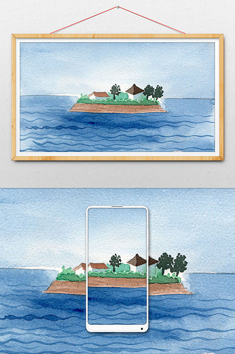 清新小岛水彩海边背景风景手绘夏日背景图片