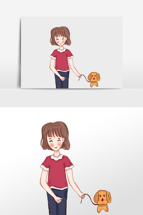 手绘女孩和狗狗郊游卡通素材