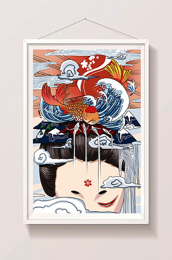 日本和风唯美艺伎海浪白云插画图片