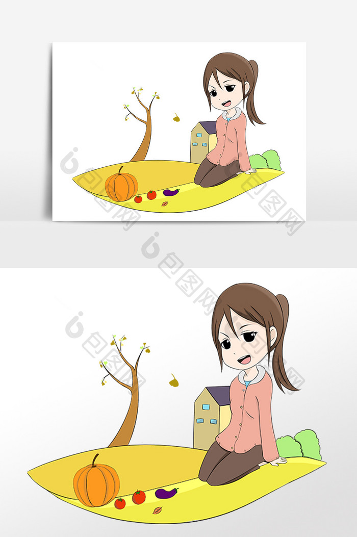 手绘秋季女孩蔬菜插画素材