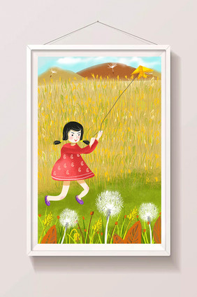 手绘黄色秋天野外放风筝奔跑小女孩