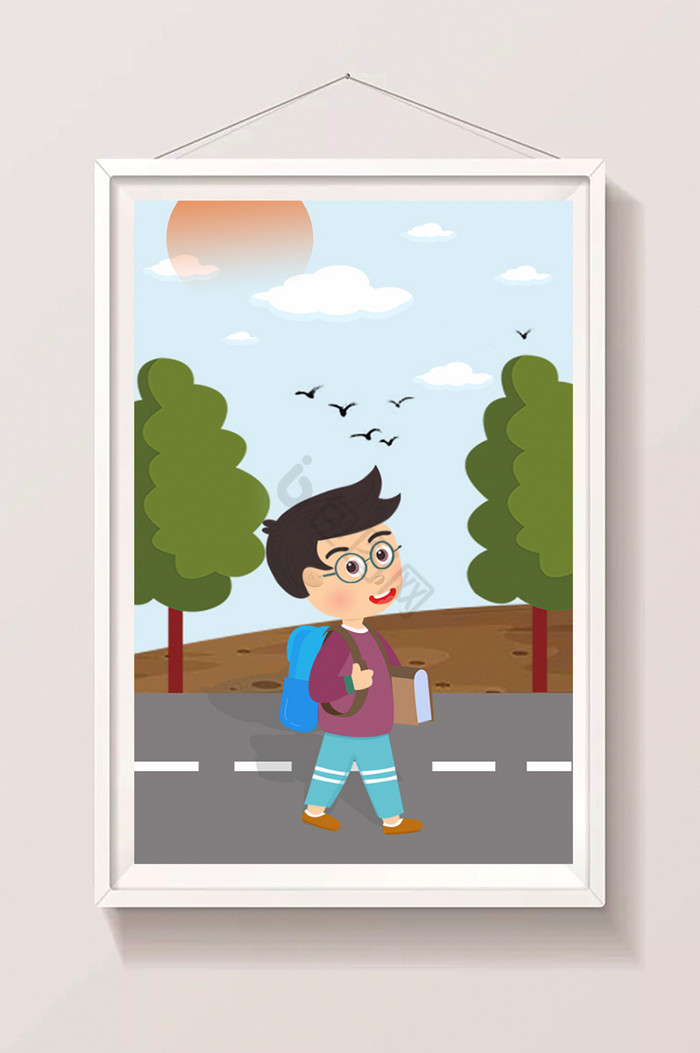 秦星男孩走路上学开学季户外上课插画图片