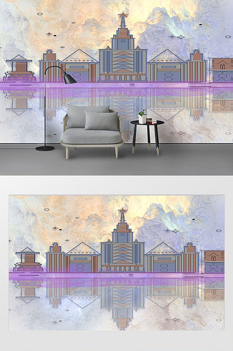 现代简约建筑手绘电视背景墙图片