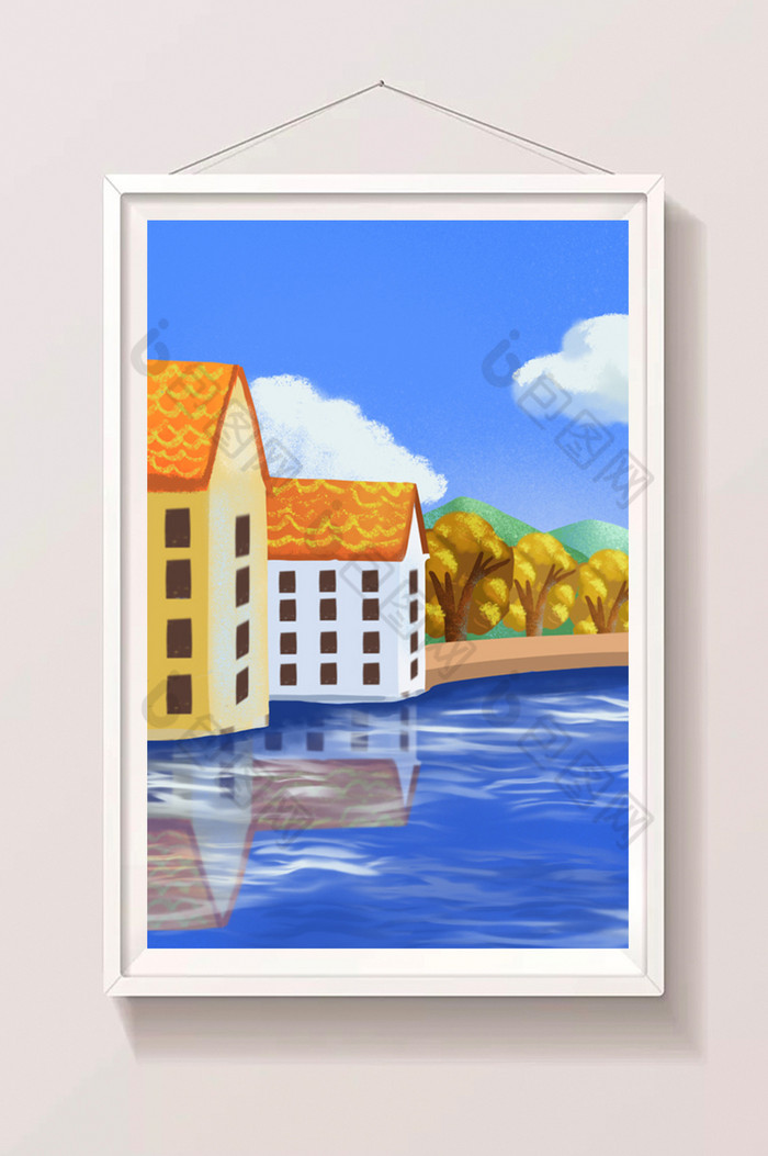 水上城市房屋湖水风光插画图片