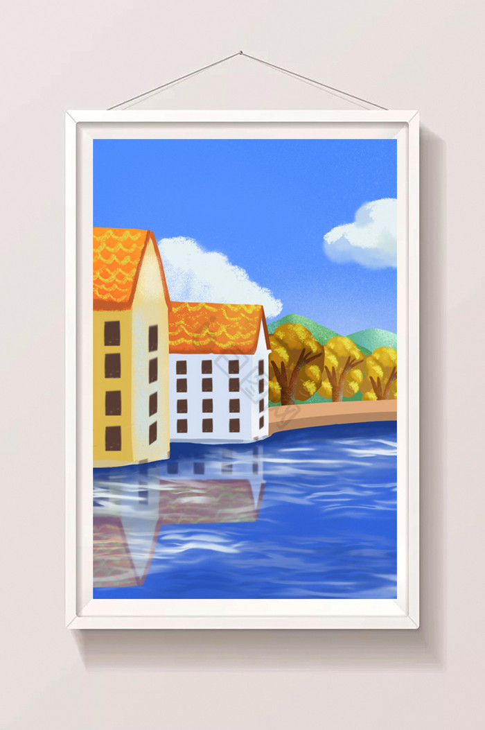 水上城市房屋湖水风光插画图片