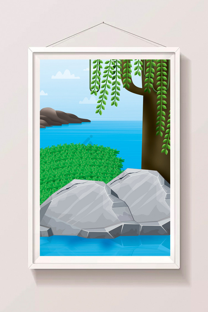 水池边石头插画图片