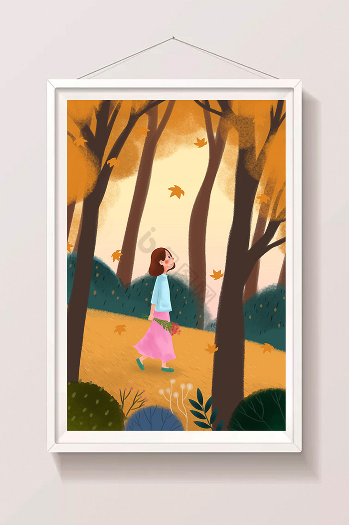 浪漫少女漫步秋叶树林插画图片