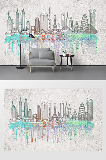 现代水彩城市剪影泼墨背景装饰工装墙定制图片