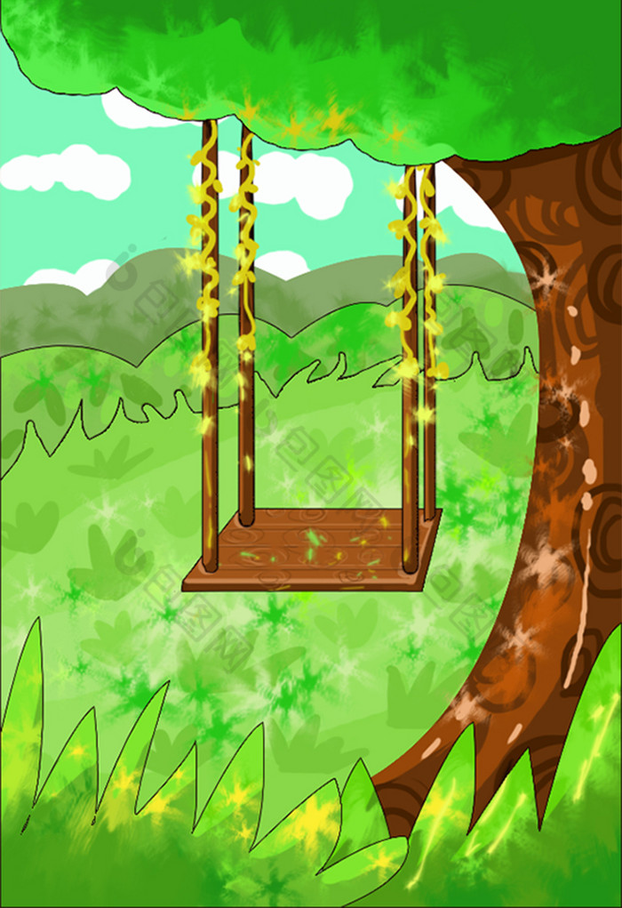 春天森林秋千插画图片