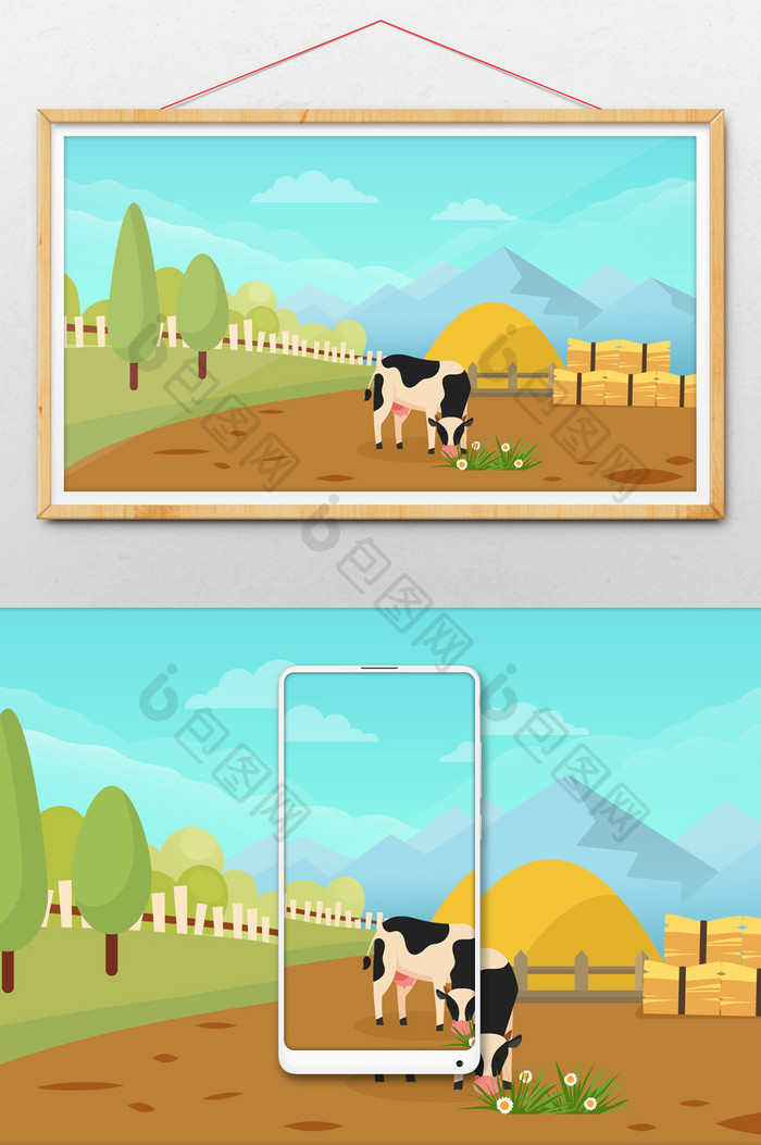 乡间牧场奶牛吃草背景插画素材