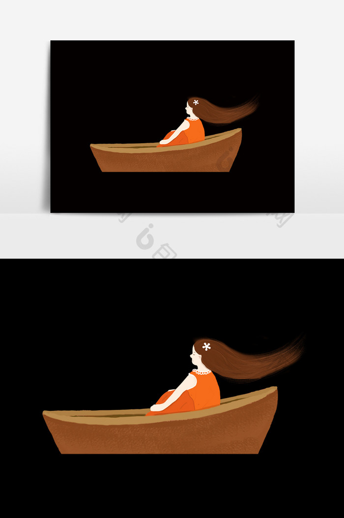 卡通少女木船素材