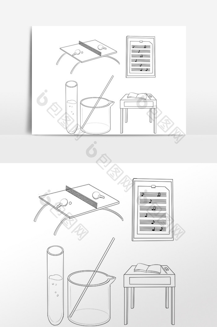 手绘黑白线描教育工具课桌实验插画素材