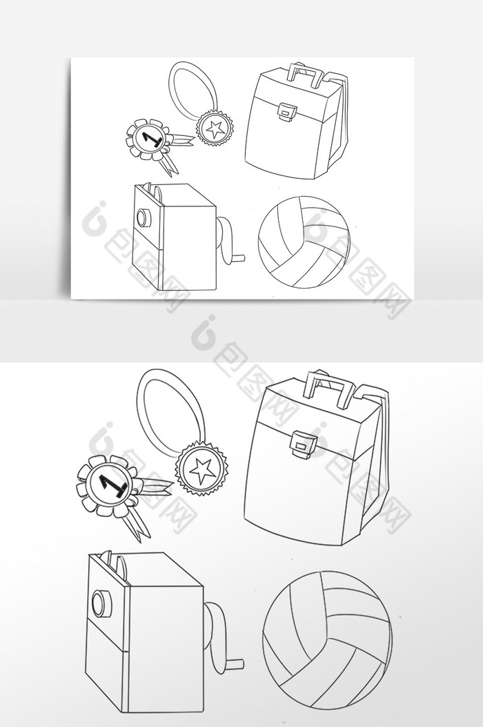 手绘黑白线描教育工具书包铅笔旋插画素材
