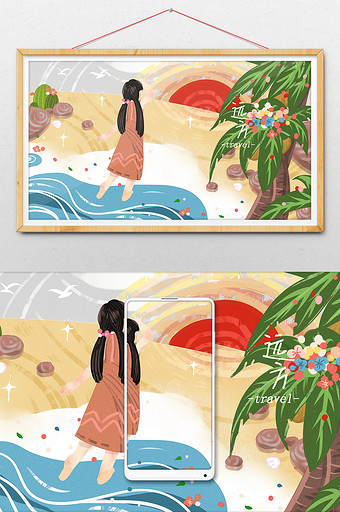 海边旅行沙滩大海女孩椰树沙滩旅游插画图片