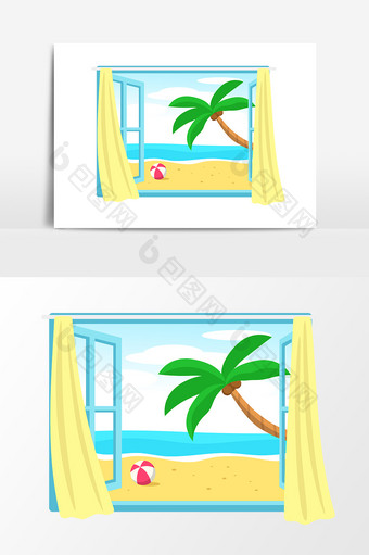 夏日窗外大海沙滩风景卡通手绘矢量元素图片