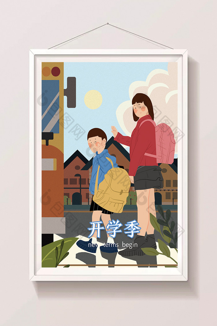 拖行李女孩开学了插画上学插画图片