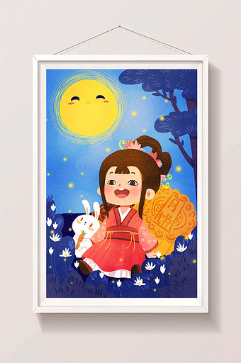 小清新唯美中国风嫦娥中秋月饼兔子节日插画图片