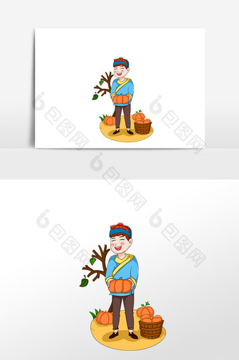 手绘秋季男孩丰收南瓜插画素材图片